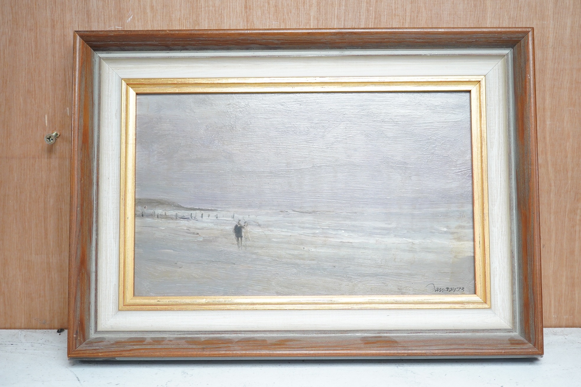 Edward Dawson (b.1941), oil on board, 'Twilight on Alnmouth Beach', signed and dated 1973, 18 x 30cm. Condition - good